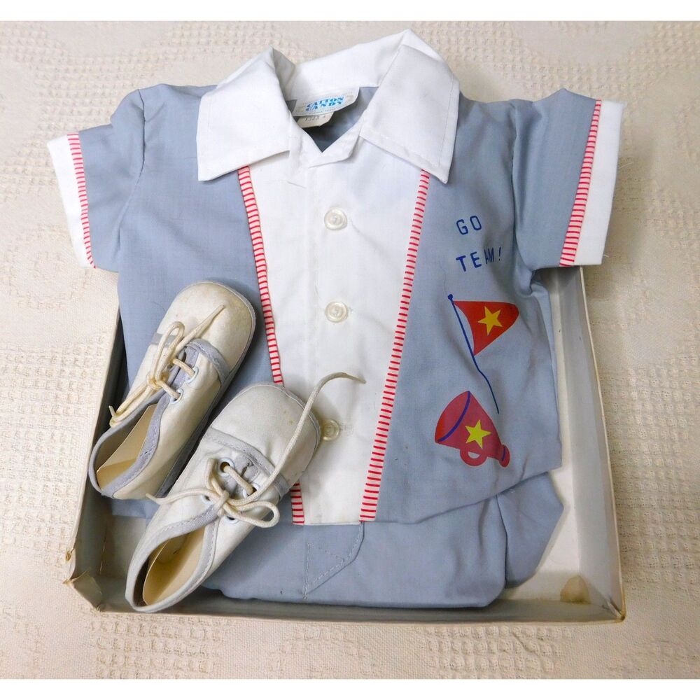 Rare Vintage Baby Boy's Clothing Set Top Bottom Shoes 0-6 mo. Unused Collectible